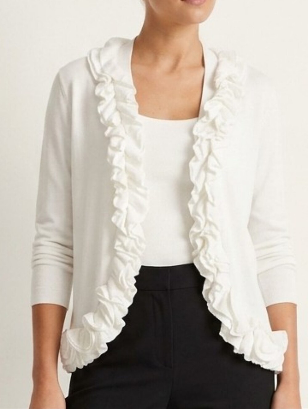 White Ruffled Open Front Cardigan Sweater XL